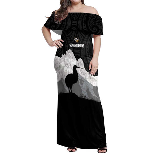 New Zealand South Island Football Custom Off Shoulder Maxi Dress Aoraki Mount Cook With Kiwi Maori Pattern