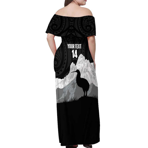New Zealand South Island Football Custom Off Shoulder Maxi Dress Aoraki Mount Cook With Kiwi Maori Pattern