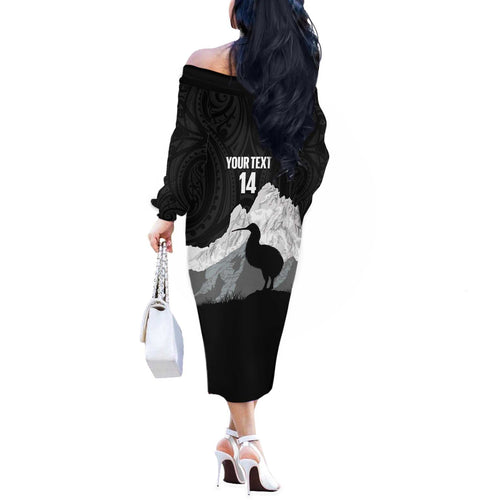 New Zealand South Island Football Custom Off The Shoulder Long Sleeve Dress Aoraki Mount Cook With Kiwi Maori Pattern