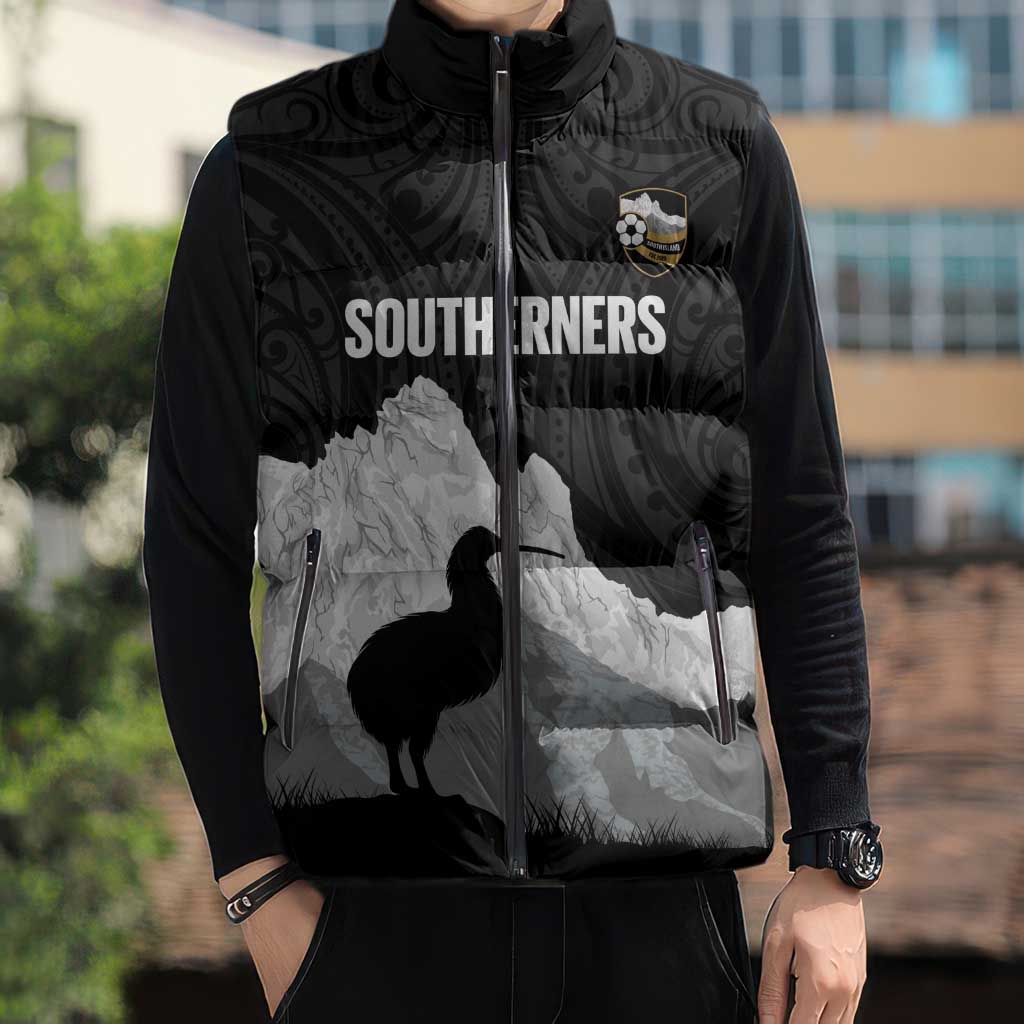New Zealand South Island Football Custom Sleeveless Puffer Jacket Aoraki Mount Cook With Kiwi Maori Pattern