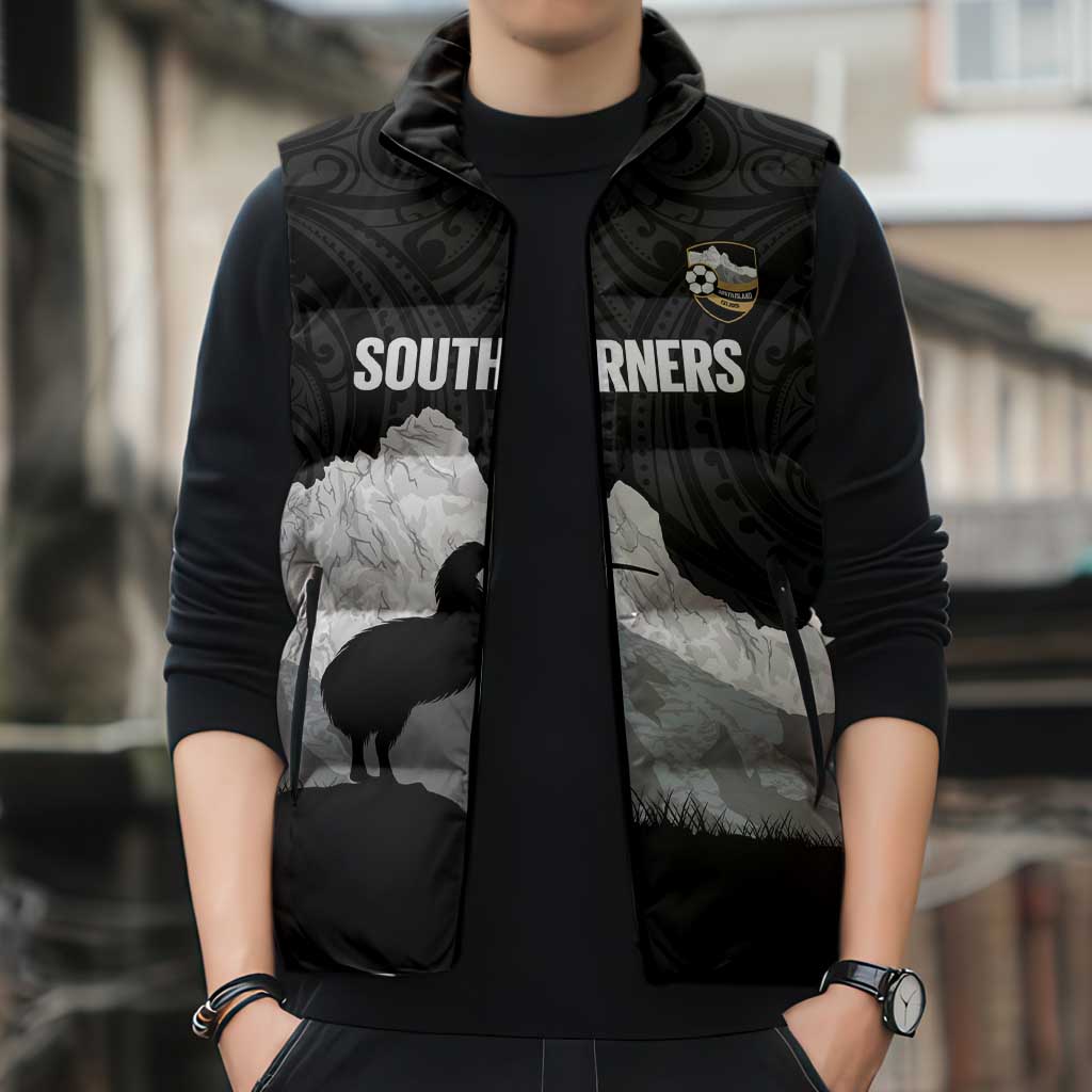 New Zealand South Island Football Custom Sleeveless Puffer Jacket Aoraki Mount Cook With Kiwi Maori Pattern