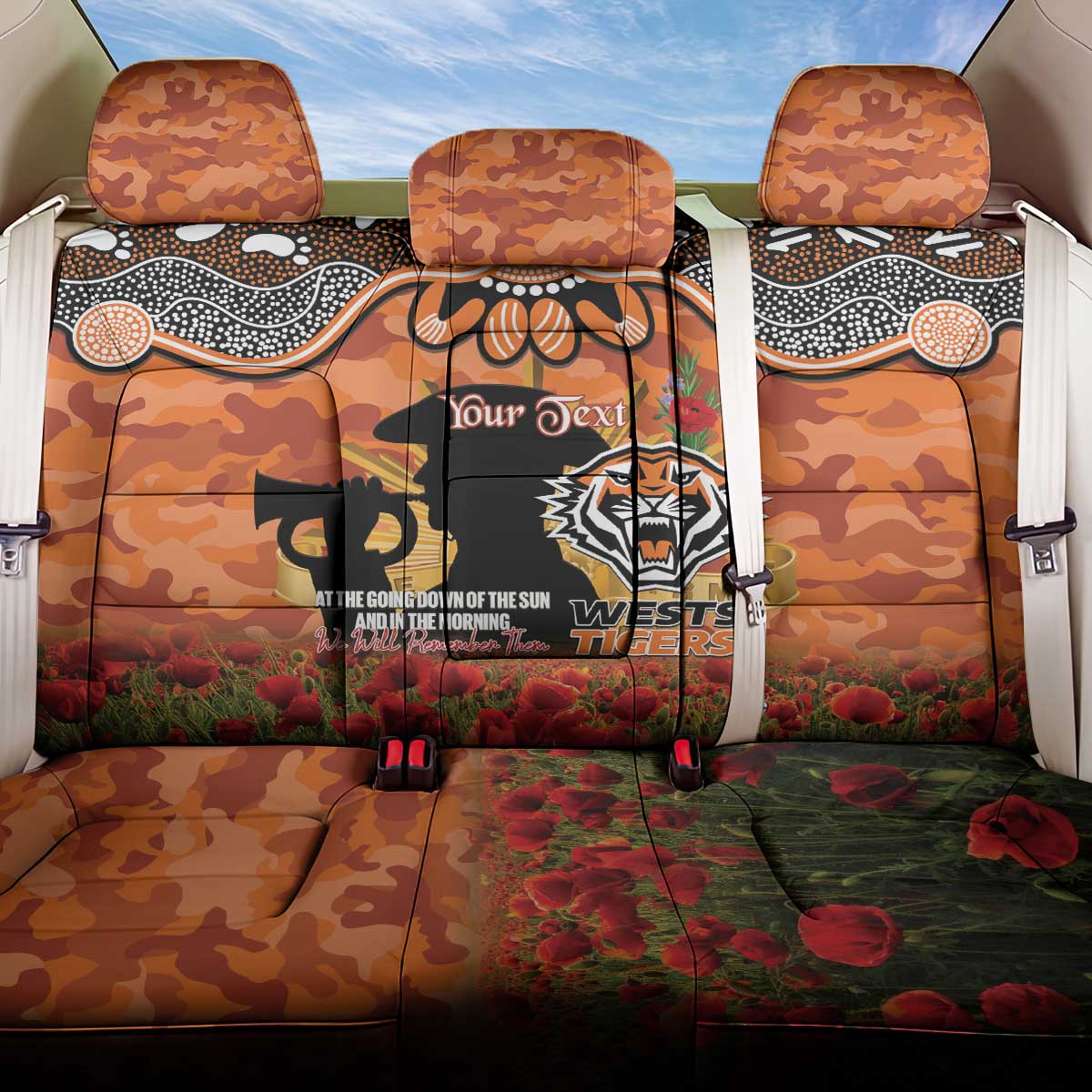 Personalised Tigers Rugby ANZAC Day Back Car Seat Cover Last Post Poppy We Will Remember Them