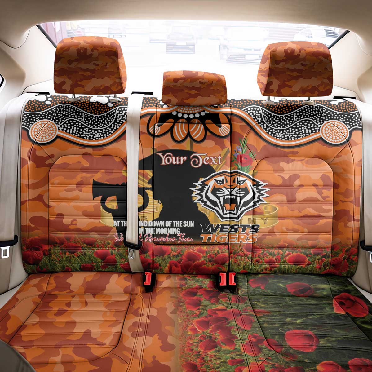 Personalised Tigers Rugby ANZAC Day Back Car Seat Cover Last Post Poppy We Will Remember Them