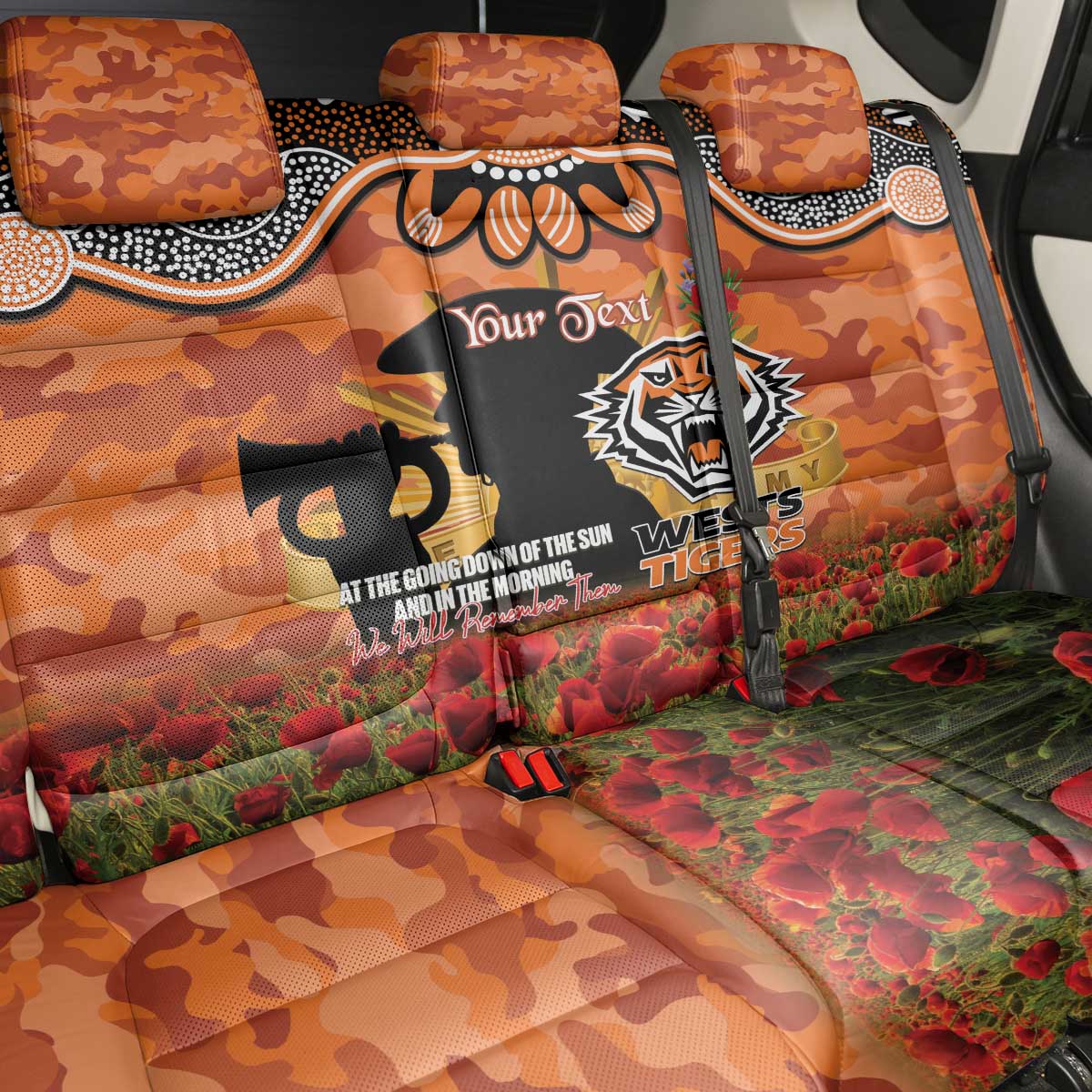 Personalised Tigers Rugby ANZAC Day Back Car Seat Cover Last Post Poppy We Will Remember Them