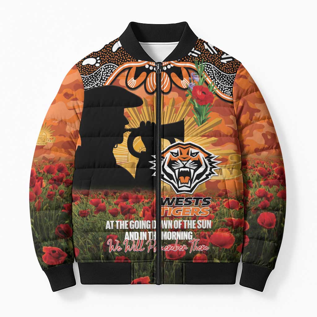 Personalised Tigers Rugby ANZAC Day Bomber Puffer Jacket Last Post Poppy We Will Remember Them