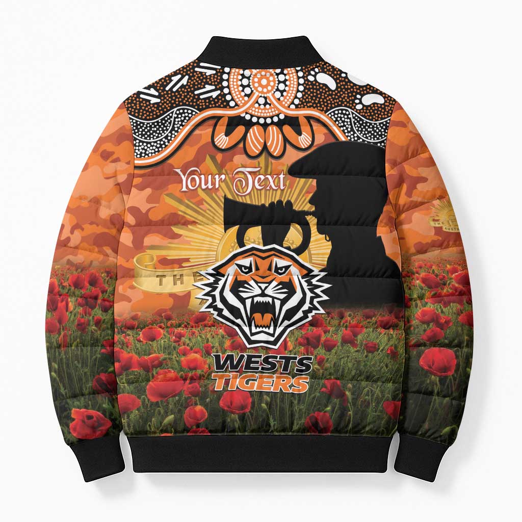 Personalised Tigers Rugby ANZAC Day Bomber Puffer Jacket Last Post Poppy We Will Remember Them