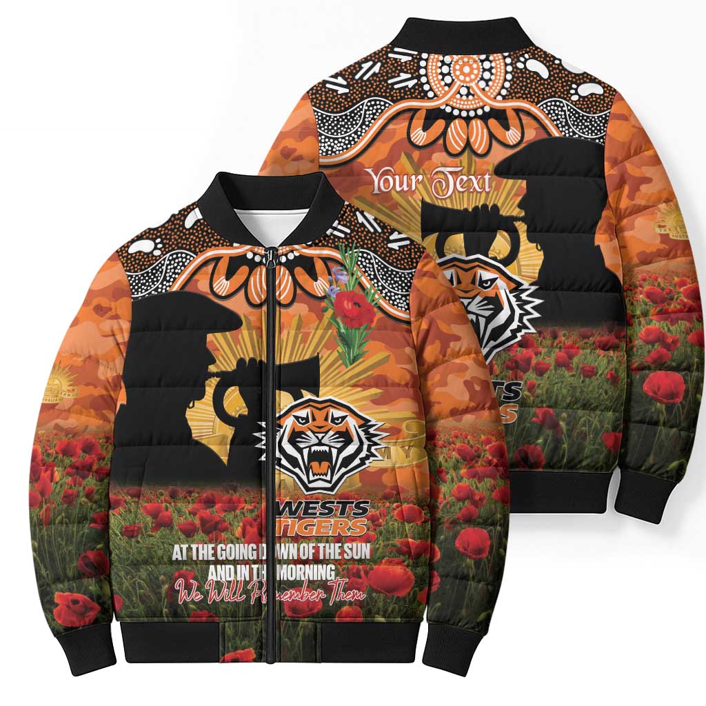 Personalised Tigers Rugby ANZAC Day Bomber Puffer Jacket Last Post Poppy We Will Remember Them