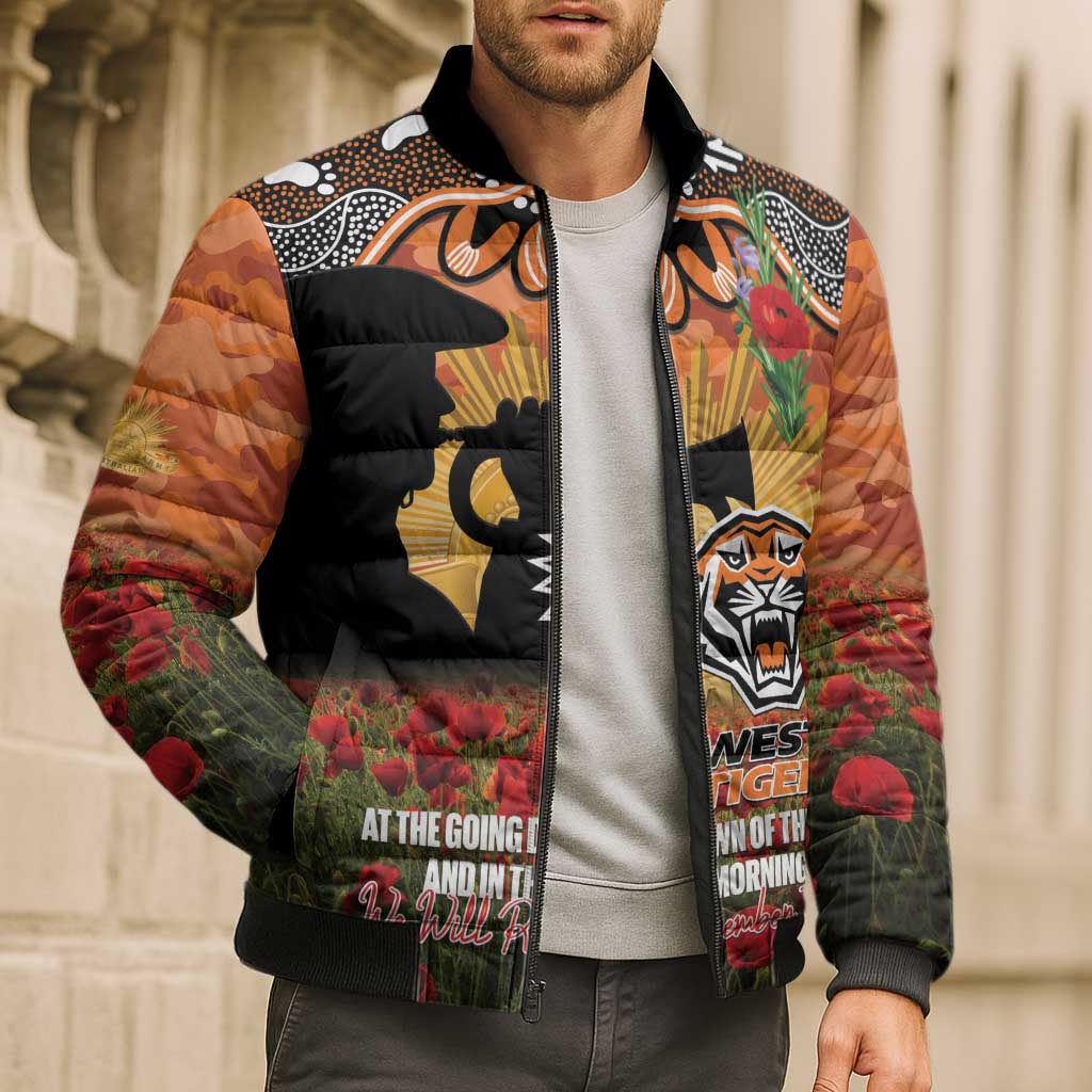 Personalised Tigers Rugby ANZAC Day Bomber Puffer Jacket Last Post Poppy We Will Remember Them