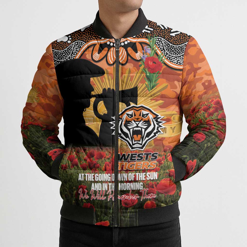 Personalised Tigers Rugby ANZAC Day Bomber Puffer Jacket Last Post Poppy We Will Remember Them