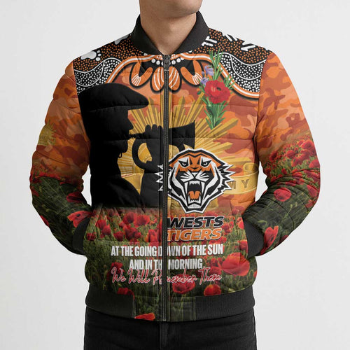 Personalised Tigers Rugby ANZAC Day Bomber Puffer Jacket Last Post Poppy We Will Remember Them