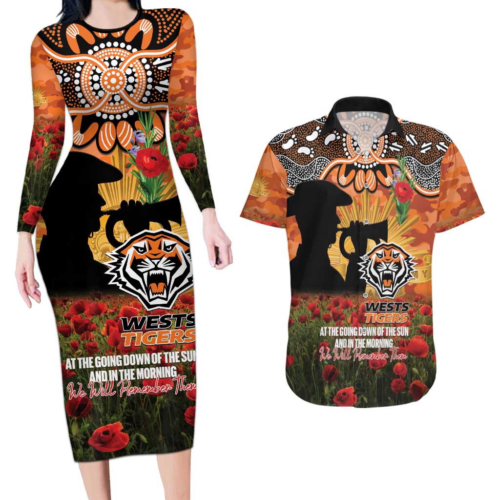 Personalised Tigers Rugby ANZAC Day Couples Matching Long Sleeve Bodycon Dress and Hawaiian Shirt Last Post Poppy We Will Remember Them