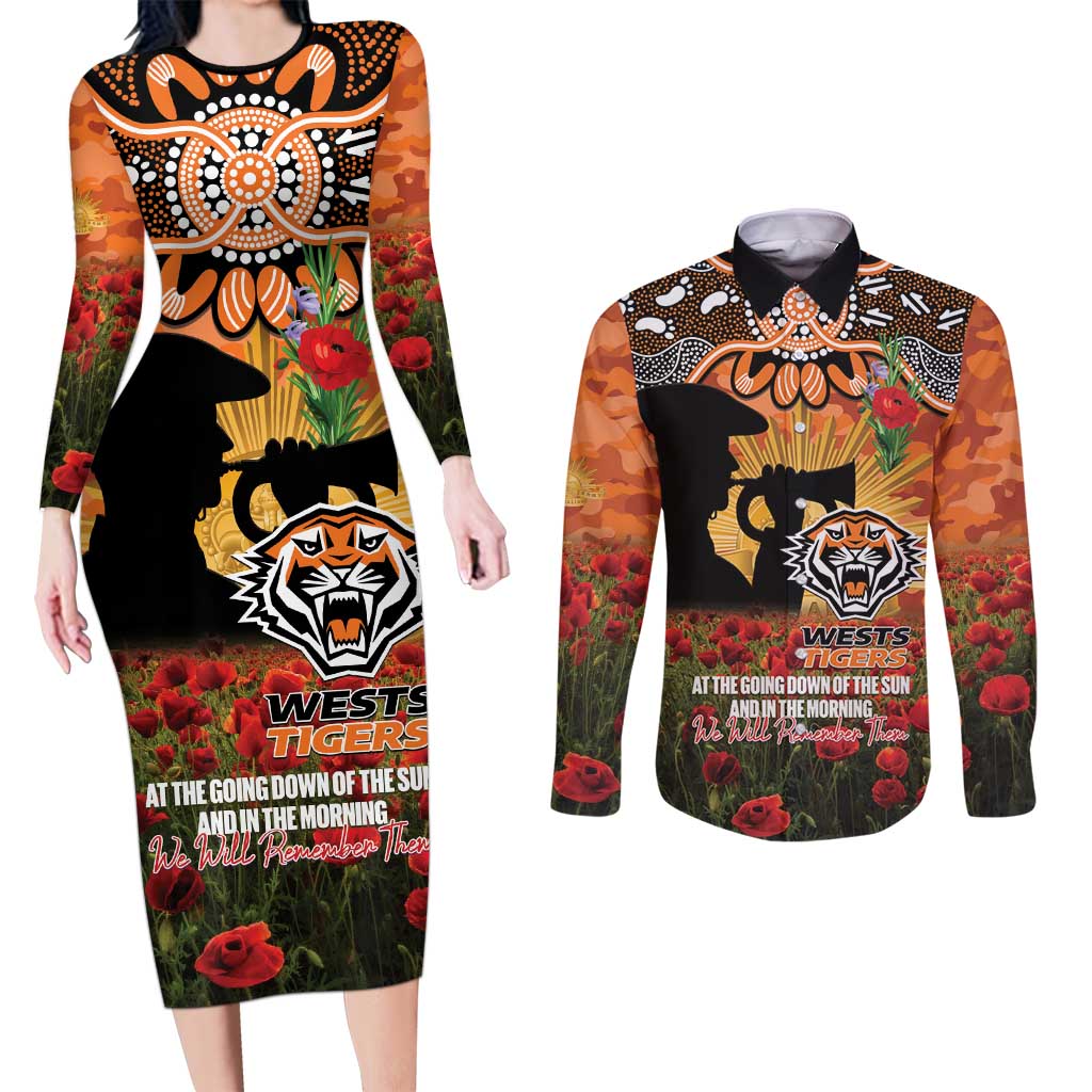 Personalised Tigers Rugby ANZAC Day Couples Matching Long Sleeve Bodycon Dress and Long Sleeve Button Shirt Last Post Poppy We Will Remember Them