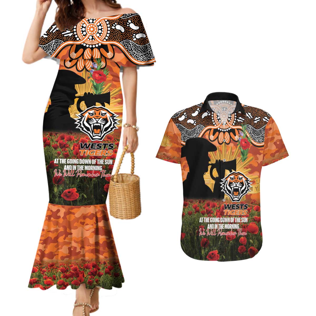 Personalised Tigers Rugby ANZAC Day Couples Matching Mermaid Dress and Hawaiian Shirt Last Post Poppy We Will Remember Them