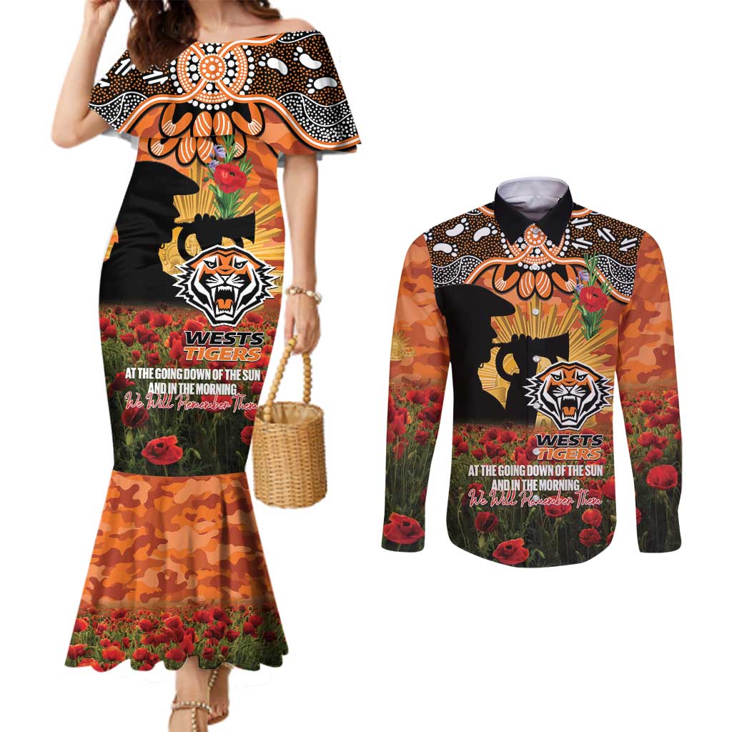 Personalised Tigers Rugby ANZAC Day Couples Matching Mermaid Dress and Long Sleeve Button Shirt Last Post Poppy We Will Remember Them