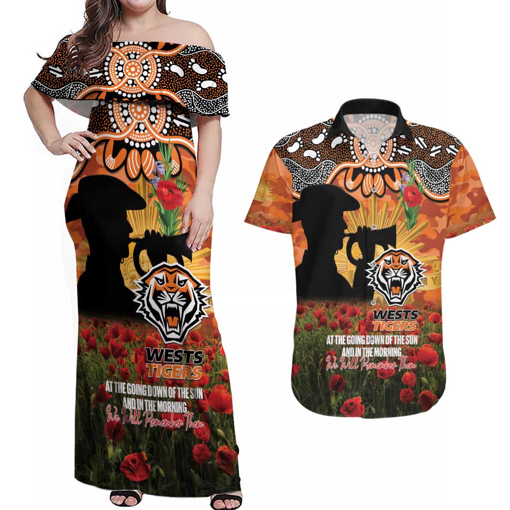 Personalised Tigers Rugby ANZAC Day Couples Matching Off Shoulder Maxi Dress and Hawaiian Shirt Last Post Poppy We Will Remember Them