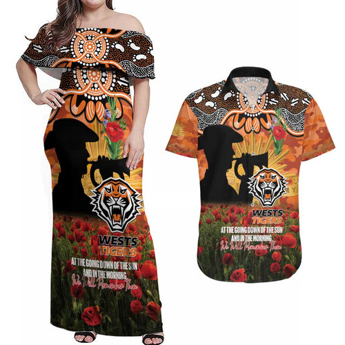 Personalised Tigers Rugby ANZAC Day Couples Matching Off Shoulder Maxi Dress and Hawaiian Shirt Last Post Poppy We Will Remember Them