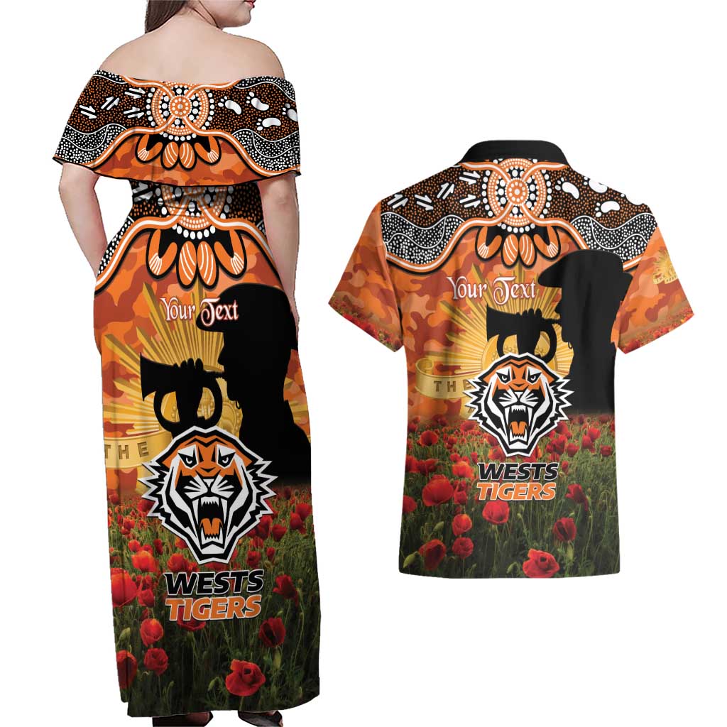 Personalised Tigers Rugby ANZAC Day Couples Matching Off Shoulder Maxi Dress and Hawaiian Shirt Last Post Poppy We Will Remember Them