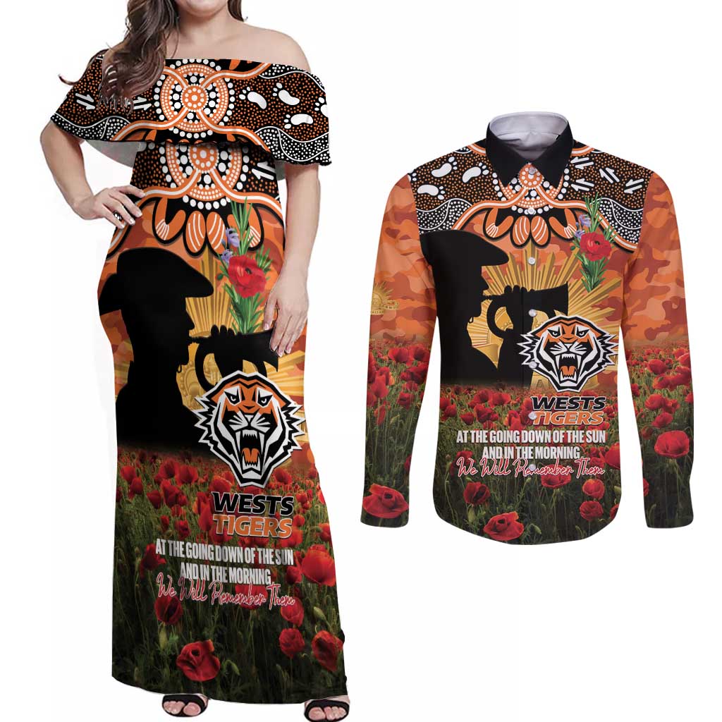 Personalised Tigers Rugby ANZAC Day Couples Matching Off Shoulder Maxi Dress and Long Sleeve Button Shirt Last Post Poppy We Will Remember Them