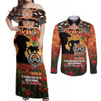 Personalised Tigers Rugby ANZAC Day Couples Matching Off Shoulder Maxi Dress and Long Sleeve Button Shirt Last Post Poppy We Will Remember Them