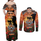 Personalised Tigers Rugby ANZAC Day Couples Matching Off Shoulder Maxi Dress and Long Sleeve Button Shirt Last Post Poppy We Will Remember Them