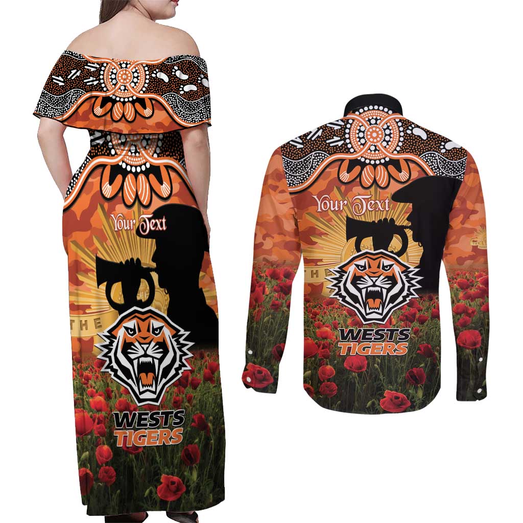 Personalised Tigers Rugby ANZAC Day Couples Matching Off Shoulder Maxi Dress and Long Sleeve Button Shirt Last Post Poppy We Will Remember Them