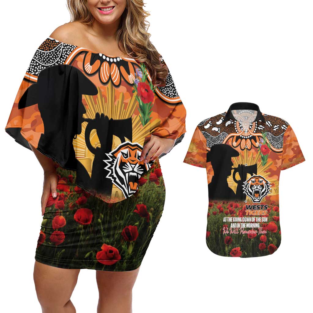 Personalised Tigers Rugby ANZAC Day Couples Matching Off Shoulder Short Dress and Hawaiian Shirt Last Post Poppy We Will Remember Them