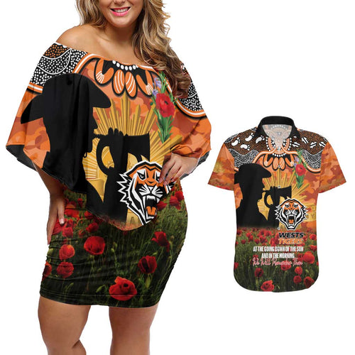 Personalised Tigers Rugby ANZAC Day Couples Matching Off Shoulder Short Dress and Hawaiian Shirt Last Post Poppy We Will Remember Them