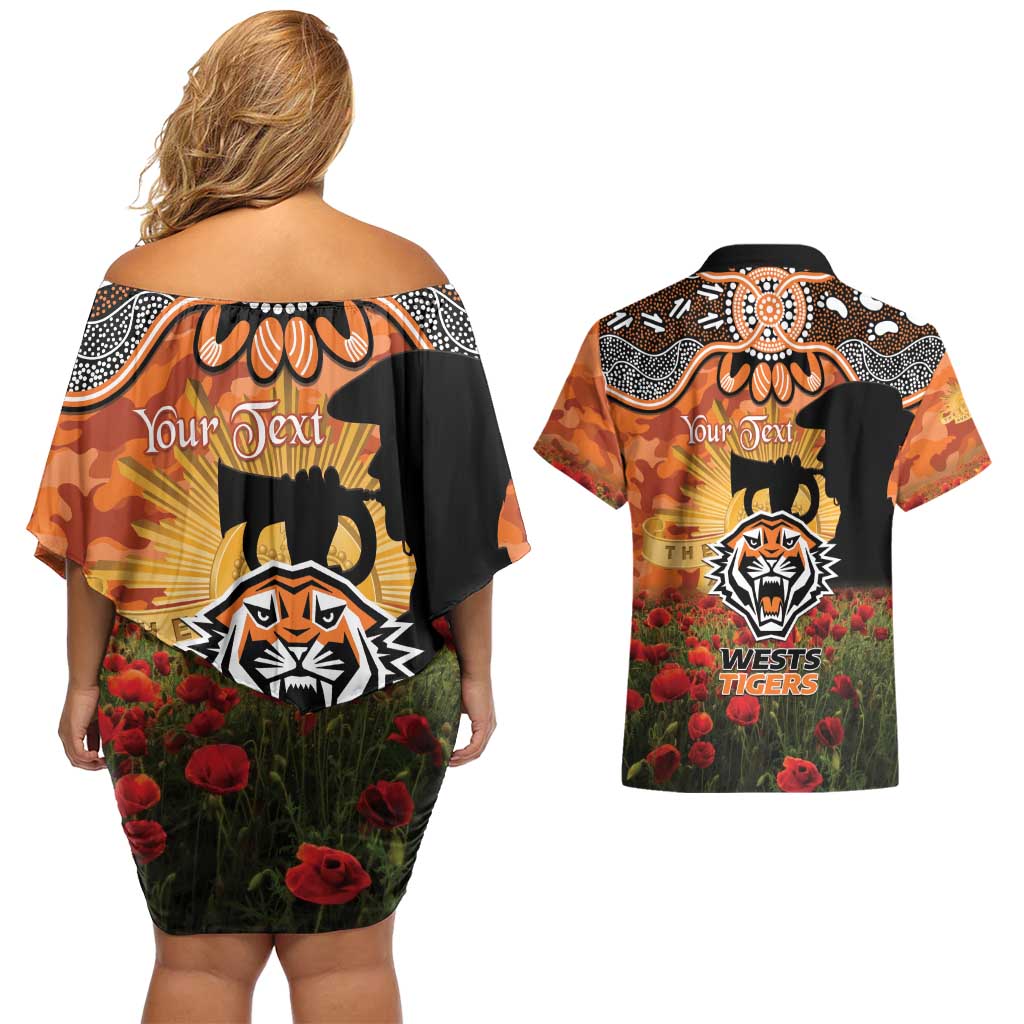Personalised Tigers Rugby ANZAC Day Couples Matching Off Shoulder Short Dress and Hawaiian Shirt Last Post Poppy We Will Remember Them