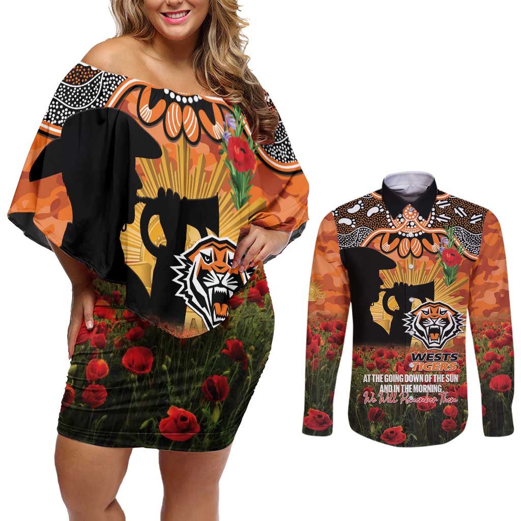 Personalised Tigers Rugby ANZAC Day Couples Matching Off Shoulder Short Dress and Long Sleeve Button Shirt Last Post Poppy We Will Remember Them