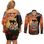 Personalised Tigers Rugby ANZAC Day Couples Matching Off Shoulder Short Dress and Long Sleeve Button Shirt Last Post Poppy We Will Remember Them