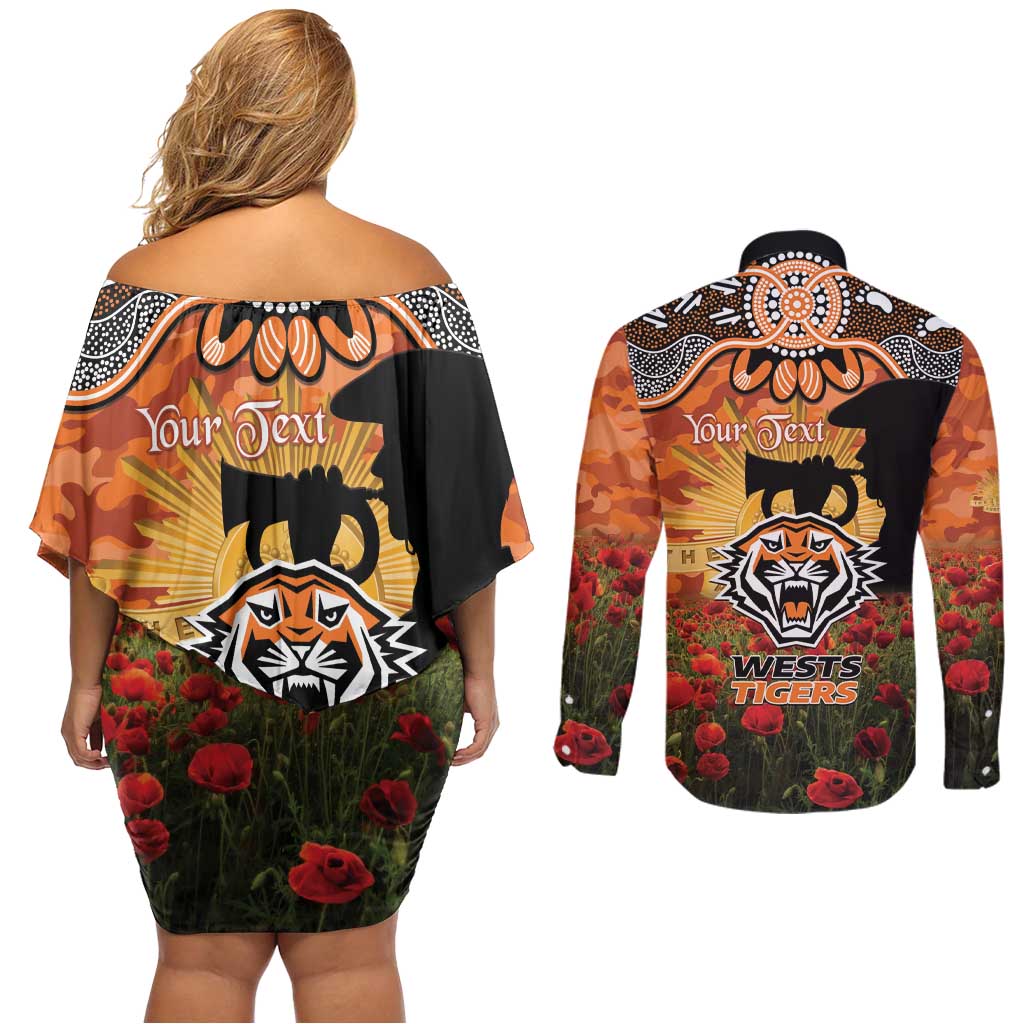 Personalised Tigers Rugby ANZAC Day Couples Matching Off Shoulder Short Dress and Long Sleeve Button Shirt Last Post Poppy We Will Remember Them