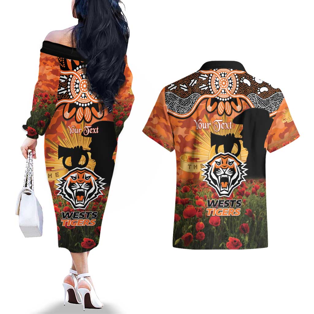 Personalised Tigers Rugby ANZAC Day Couples Matching Off The Shoulder Long Sleeve Dress and Hawaiian Shirt Last Post Poppy We Will Remember Them
