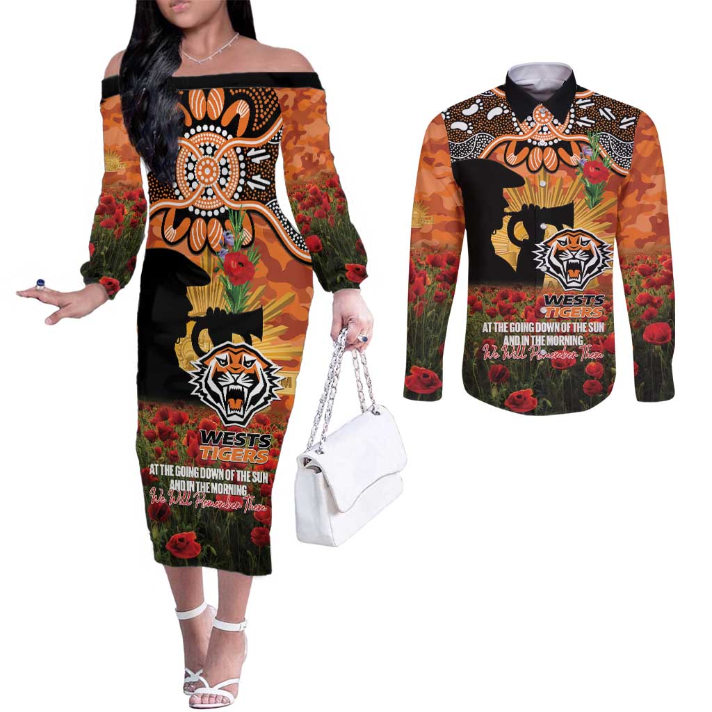Personalised Tigers Rugby ANZAC Day Couples Matching Off The Shoulder Long Sleeve Dress and Long Sleeve Button Shirt Last Post Poppy We Will Remember Them