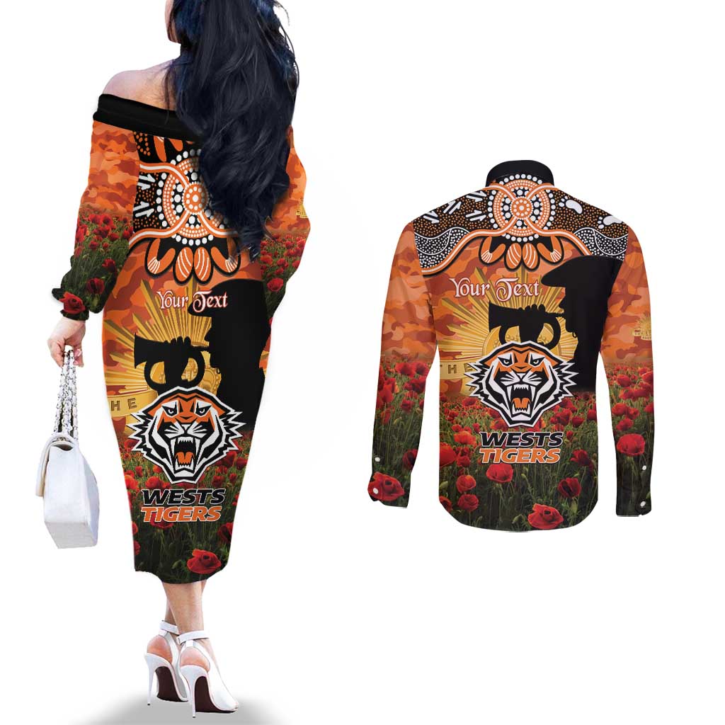 Personalised Tigers Rugby ANZAC Day Couples Matching Off The Shoulder Long Sleeve Dress and Long Sleeve Button Shirt Last Post Poppy We Will Remember Them