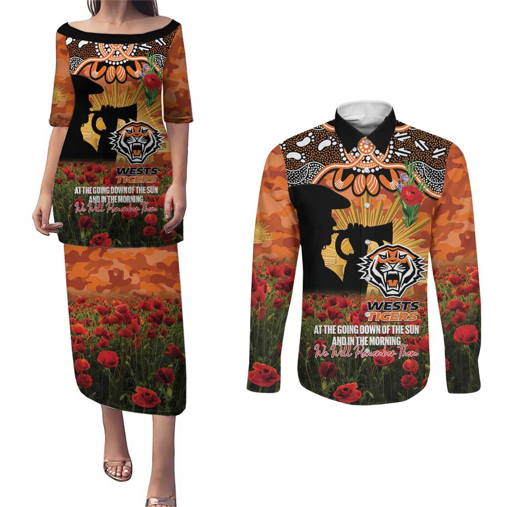 Personalised Tigers Rugby ANZAC Day Couples Matching Puletasi and Long Sleeve Button Shirt Last Post Poppy We Will Remember Them