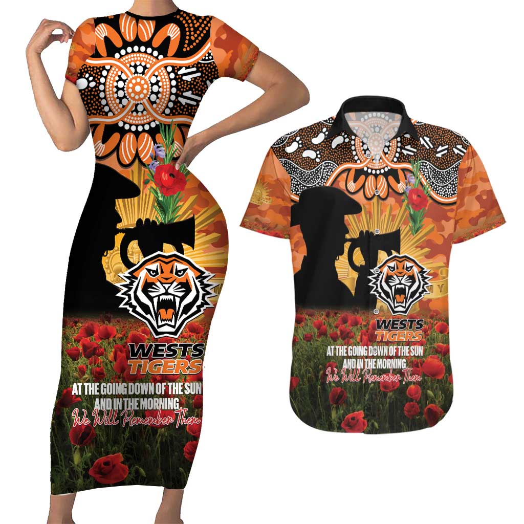 Personalised Tigers Rugby ANZAC Day Couples Matching Short Sleeve Bodycon Dress and Hawaiian Shirt Last Post Poppy We Will Remember Them