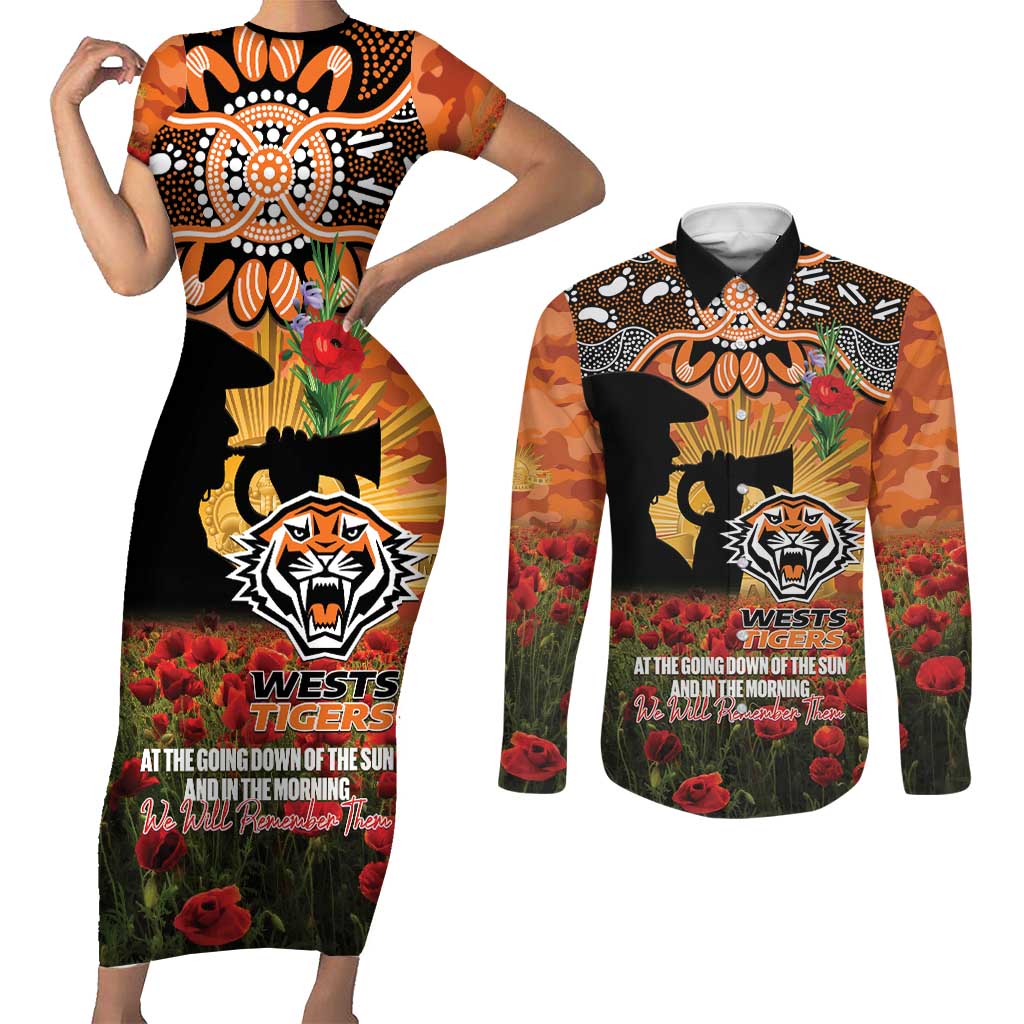 Personalised Tigers Rugby ANZAC Day Couples Matching Short Sleeve Bodycon Dress and Long Sleeve Button Shirt Last Post Poppy We Will Remember Them