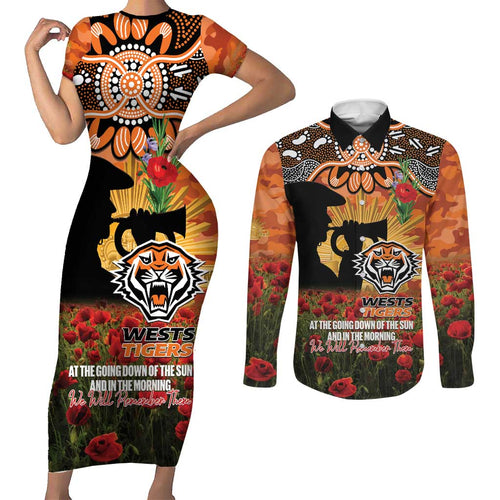 Personalised Tigers Rugby ANZAC Day Couples Matching Short Sleeve Bodycon Dress and Long Sleeve Button Shirt Last Post Poppy We Will Remember Them