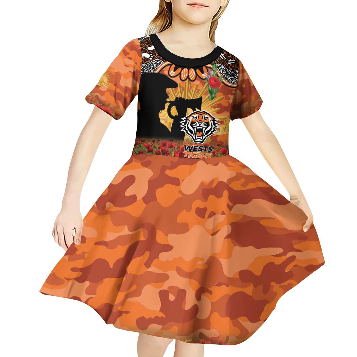 Personalised Tigers Rugby ANZAC Day Kid Short Sleeve Dress Last Post Poppy We Will Remember Them