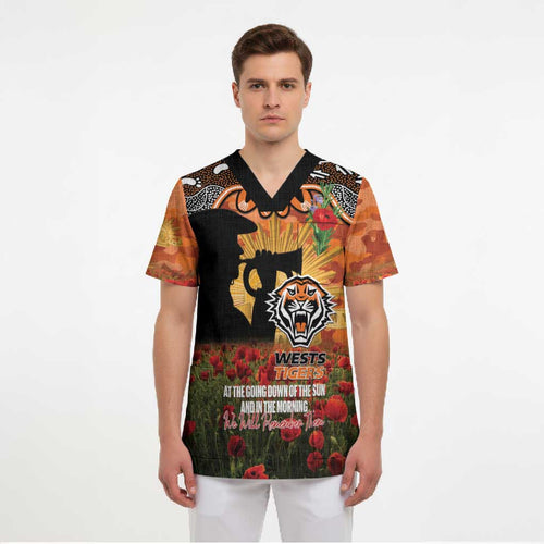 Personalised Tigers Rugby ANZAC Day Scrub Top Last Post Poppy We Will Remember Them