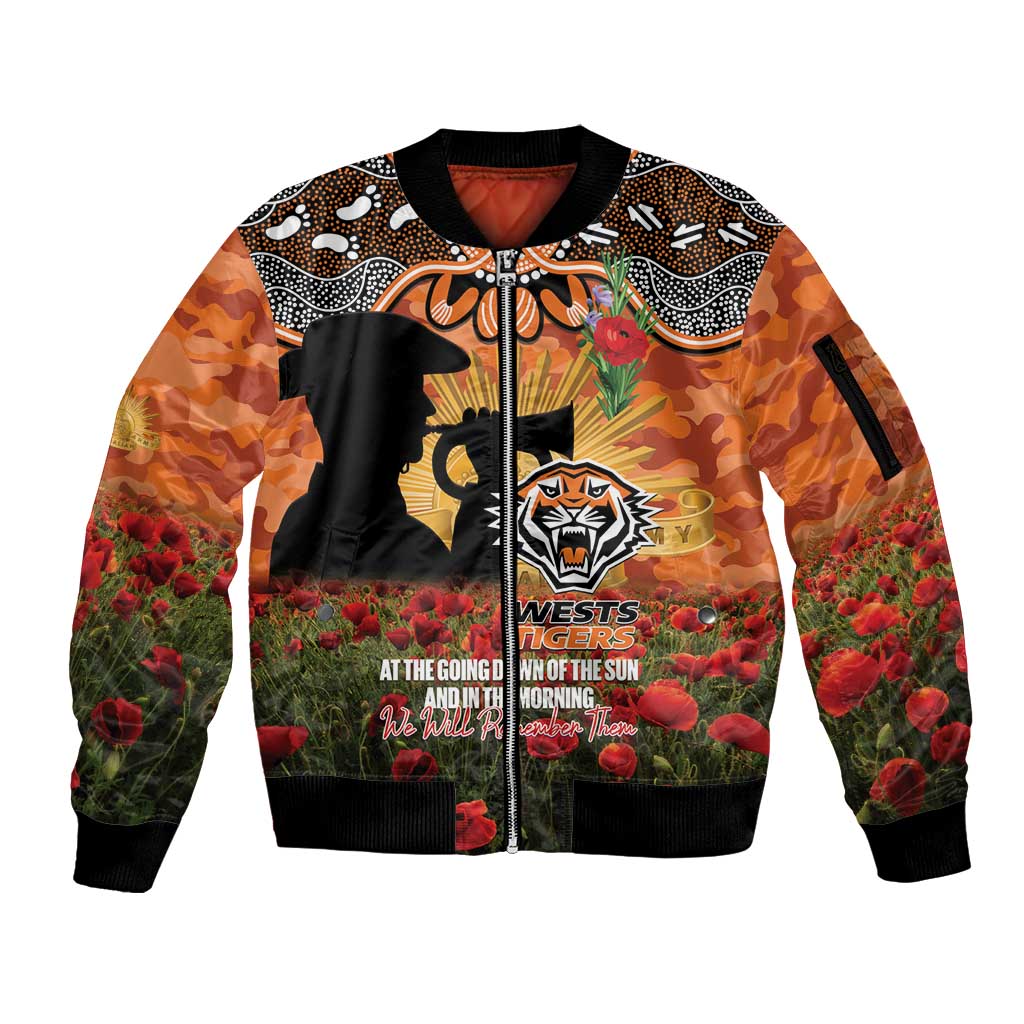 Personalised Tigers Rugby ANZAC Day Sleeve Zip Bomber Jacket Last Post Poppy We Will Remember Them