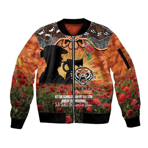 Personalised Tigers Rugby ANZAC Day Sleeve Zip Bomber Jacket Last Post Poppy We Will Remember Them