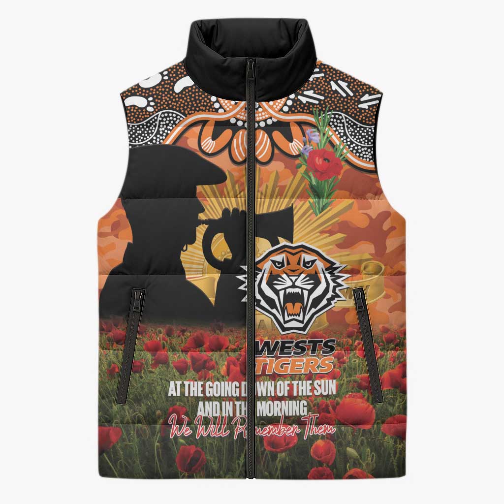 Personalised Tigers Rugby ANZAC Day Sleeveless Puffer Jacket Last Post Poppy We Will Remember Them