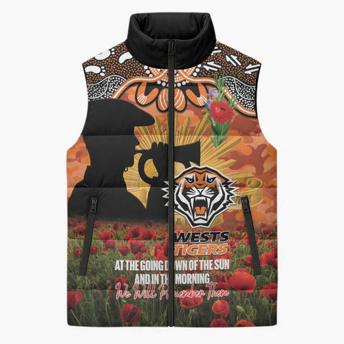 Personalised Tigers Rugby ANZAC Day Sleeveless Puffer Jacket Last Post Poppy We Will Remember Them
