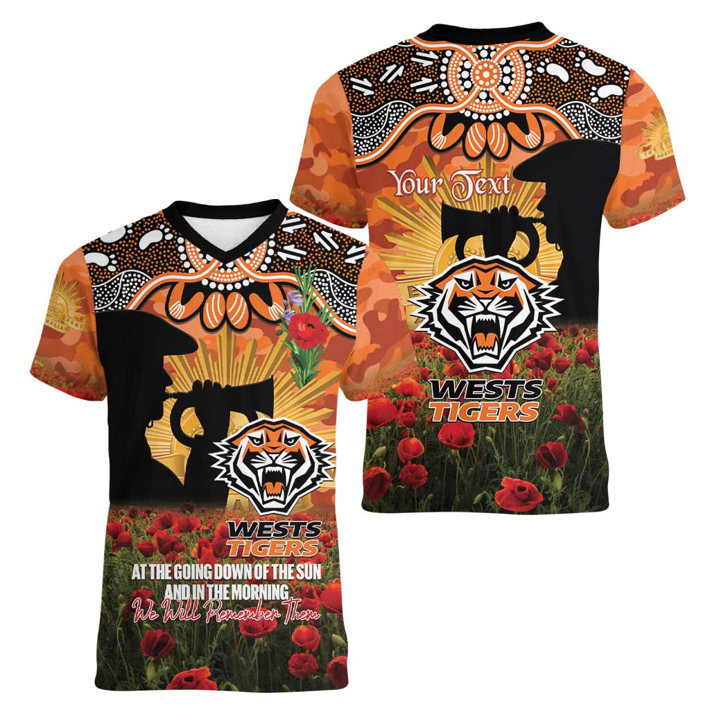 Personalised Tigers Rugby ANZAC Day Women V-Neck T-Shirt Last Post Poppy We Will Remember Them