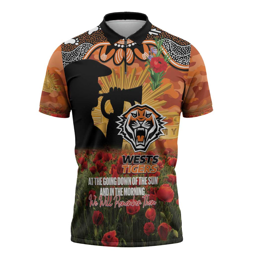 Personalised Tigers Rugby ANZAC Day Zipper Polo Shirt Last Post Poppy We Will Remember Them