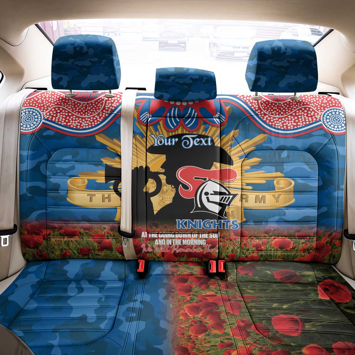 Personalised Knights Rugby ANZAC Day Back Car Seat Cover Last Post Poppy We Will Remember Them