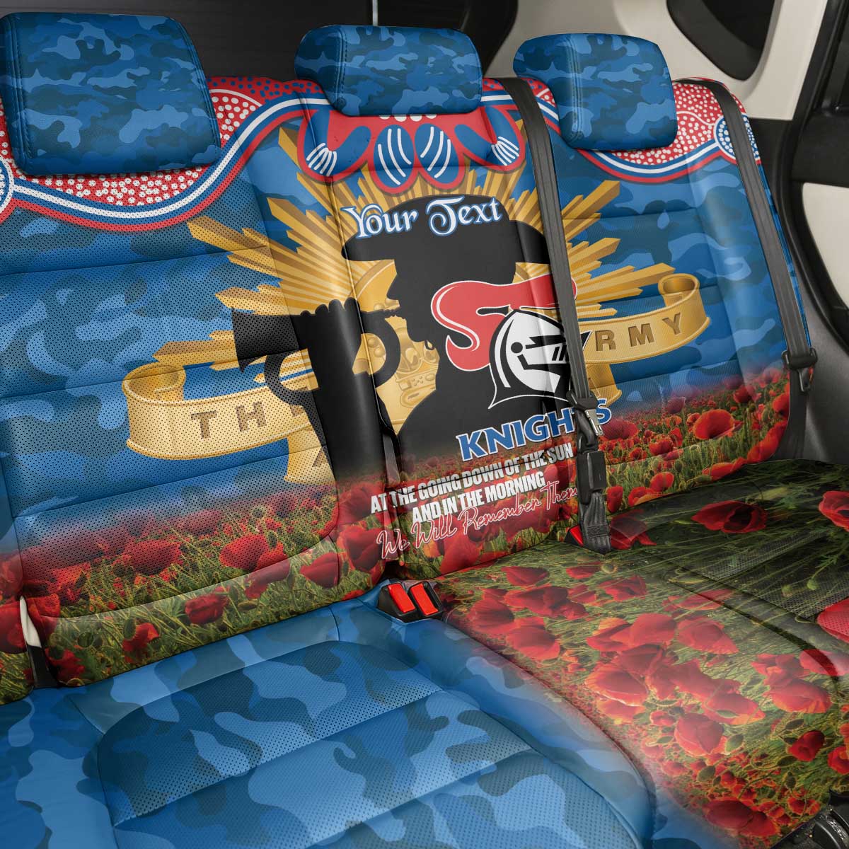 Personalised Knights Rugby ANZAC Day Back Car Seat Cover Last Post Poppy We Will Remember Them