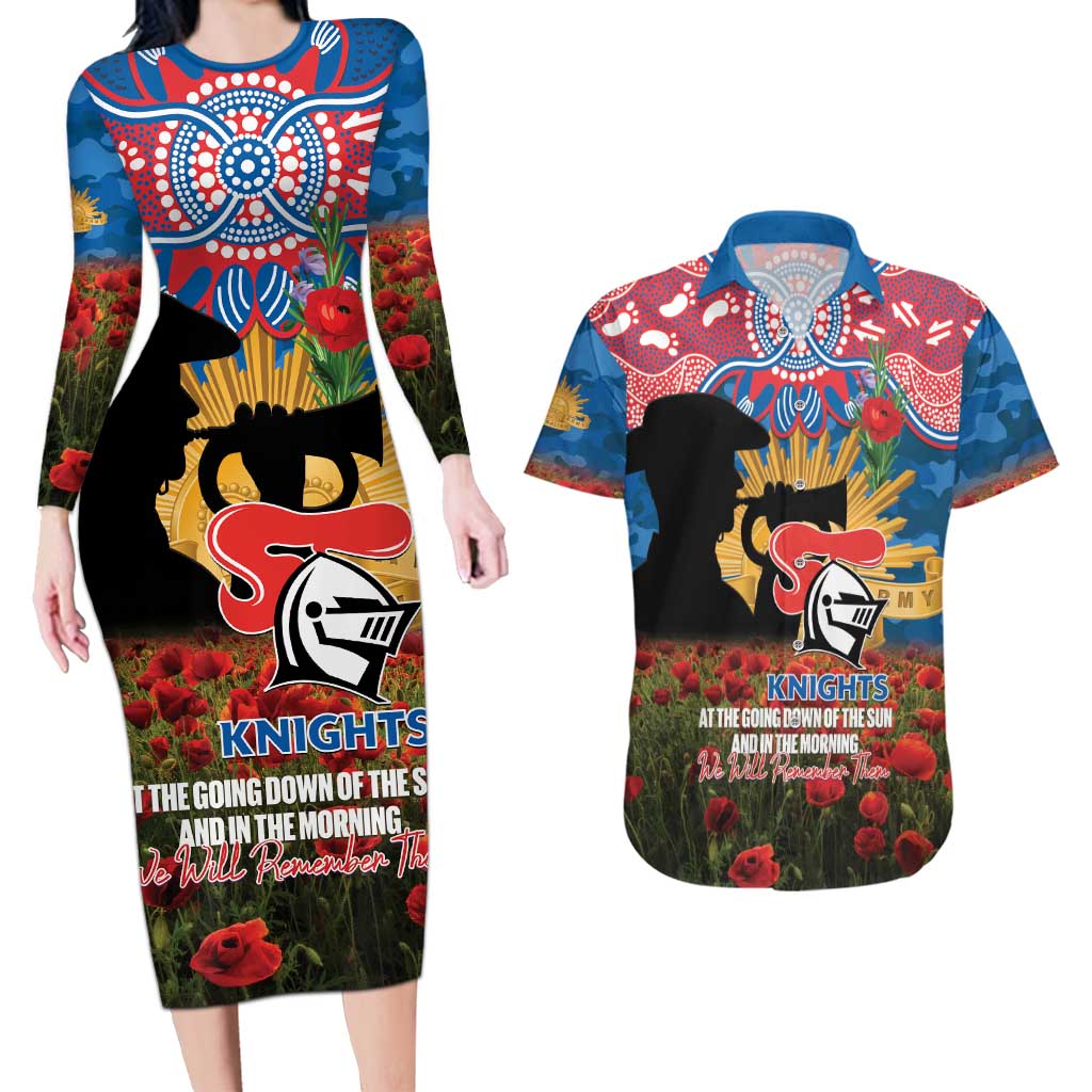 Personalised Knights Rugby ANZAC Day Couples Matching Long Sleeve Bodycon Dress and Hawaiian Shirt Last Post Poppy We Will Remember Them