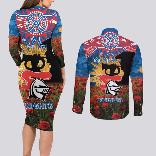 Personalised Knights Rugby ANZAC Day Couples Matching Long Sleeve Bodycon Dress and Long Sleeve Button Shirt Last Post Poppy We Will Remember Them